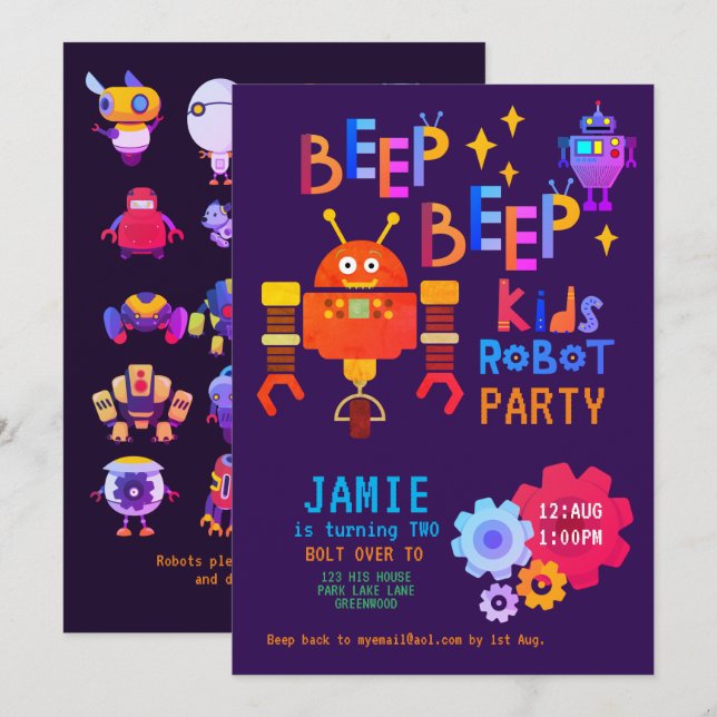 Invitation NOEON ROBOT 2e fête d'anniversaire garçon fille dr (Devant / Derrière)
