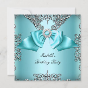 Invitation Nœud Bleu Canard Diamant Élégant Argent Anniversai