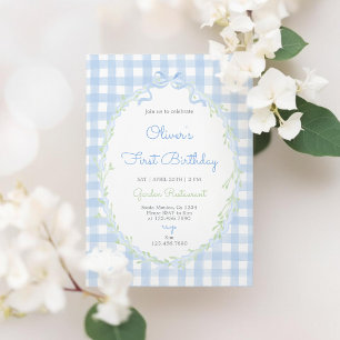 Invitation Nœud Bleu Floral Anniversaire Garçon Gingham Bleu
