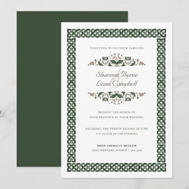 Invitation noeud celtique | Floral moderne Mariage irlandais (Devant / Derrière)