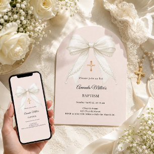Invitation Nœud champagne perles d'ivoire arche Baptême