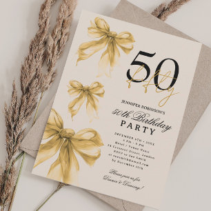 Invitation Nœud Coquette Aquarelle Or 50e Anniversaire Beige
