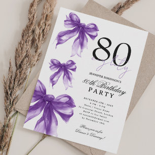 Invitation Nœud Coquette Aquarelle Violette 80e Anniversaire