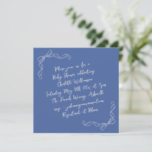 Invitation Nœud Coquette Manuscrit Bleu Mariage Carré Fête de