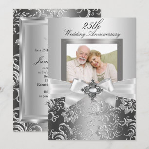 Invitation Nœud de bijou et floral argent pour les 25 ans de 