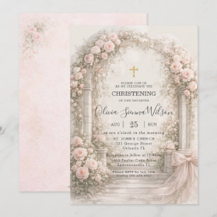 Invitation Nœud de jardin floral rose blush baptême christeni