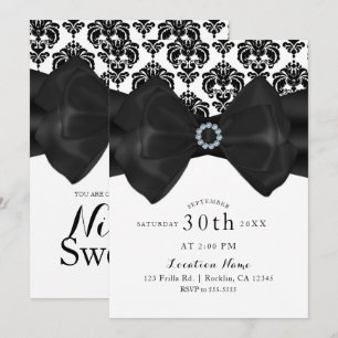 Invitation Nœud en damassé noir et blanc, fête glamour pour S