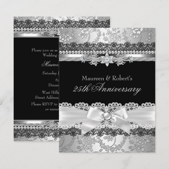 Invitation Nœud en dentelle noire et perle argentée 25e anniv (Devant / Derrière)