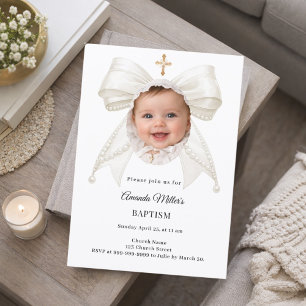 Invitation Nœud en ivoire Perles Photo Fille Élégant Baptême