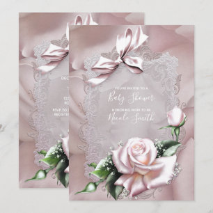 Invitation Nœud en satin rose et Baby Shower dentelle en rose