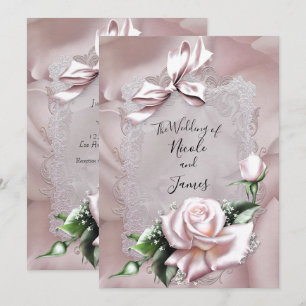 Invitation Nœud en Satin Rose et Rose Romantique pour Mariage