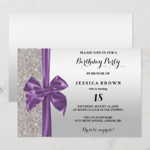 Invitation Nœud en soie violette et sequins argentés 18ème an
