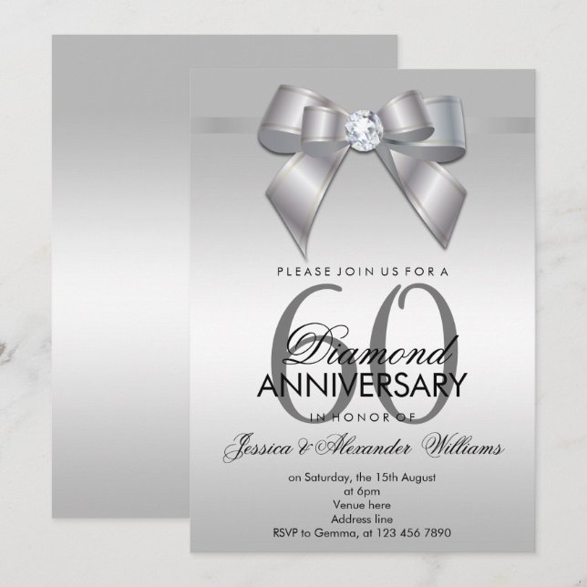 Invitation Nœud et Ruban de Gemme Chic 60e Anniversaire de Ma (Devant / Derrière)