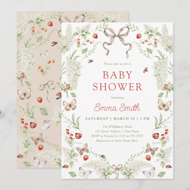 Invitation Noeud Floral de la Forêt Rustique pour Baby Shower (Devant / Derrière)