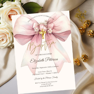 Invitation Nœud floral élégant Baptême Croix Or