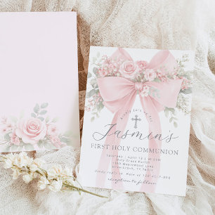 Invitation Nœud floral rose pâle Première Sainte Communion