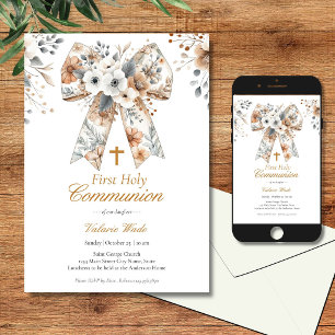 Invitation Nœud Floral Rustique pour la Première Communion de