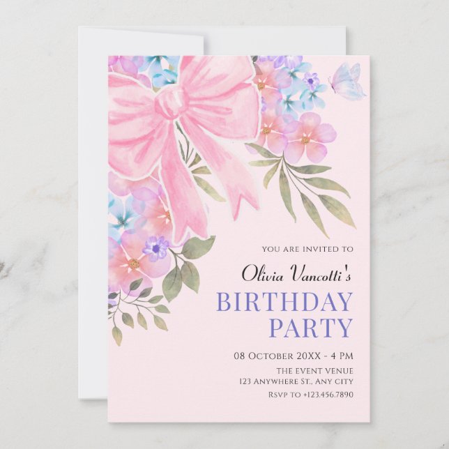 Invitation Nœud floral violet rose anniversaire (Devant)