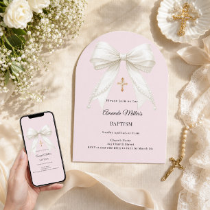 Invitation Nœud papillon dusty blush rose ivoire perles arche