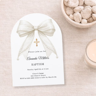 Invitation Nœud Papillon Perles Fille Élégant Arche Baptême