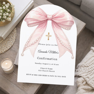 Invitation Nœud papillon rose perles fille élégante Confirmat