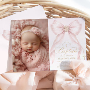 Invitation Nœud rose blush Perles Croix or photo Baptême