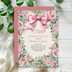 Invitation Nœud rose coquette floral vert menthe 75e annivers