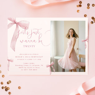 Invitation Nœud Rose Elle a Vingt Ans Photo Anniversaire