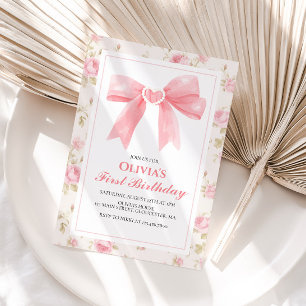 Invitation Nœud rose et Coquette Roses pour 1er anniversaire