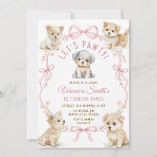 Invitation Nœud Rose Mignon Anniversaire de Chiot pour Filles