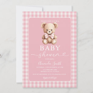Invitation Nœud Rose Mignon Coquette Ours Fille Baby Shower C
