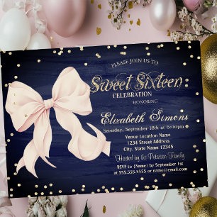 Invitation Nœud Rose Or Diamants Bleu Marine Sweet 16