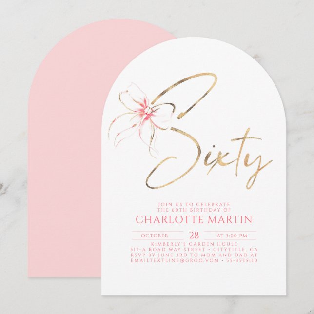 Invitation Nœud Rose Pâle Élégant Romantique Chic 60e Anniver (Devant / Derrière)
