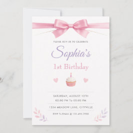 Invitation Nœud Rose Simple et Élégant pour le 1er Anniversai