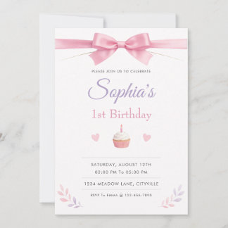 Invitation Nœud Rose Simple et Élégant pour le 1er Anniversai