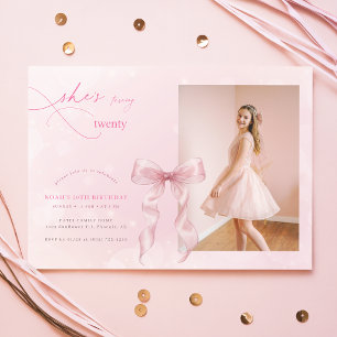 Invitation Nœud Rose Vintage Élégant Photo 20e Anniversaire