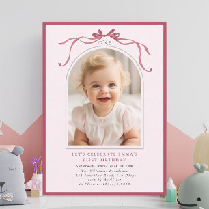 Invitation Nœud Rouge Rose Blush Fille 1er Anniversaire Arche