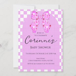 Invitation Nœuds à pois roses gingham carreaux baby shower