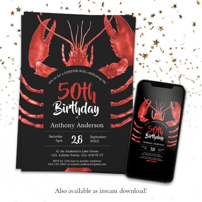 Invitation Noir 50e anniversaire Homard Fruits de mer été per (Black 50th Birthday Lobster Seafood Summer Custom Invitation)