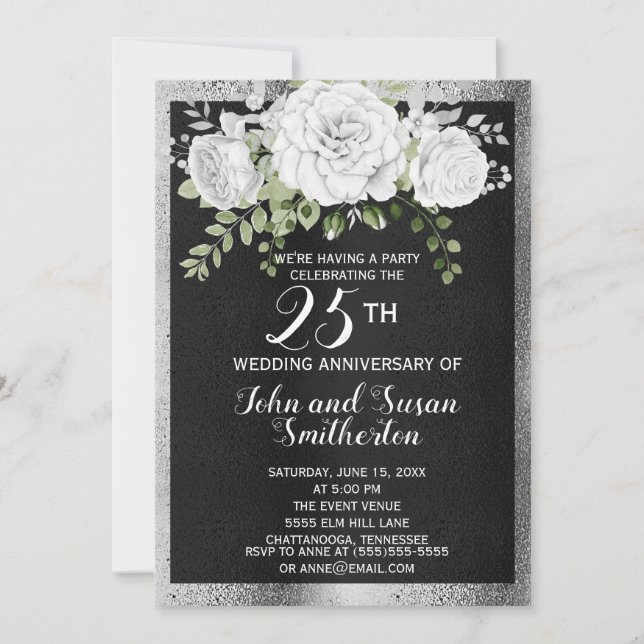 Invitation Noir Argent Blanc Floral 25e Anniversaire de Maria (Devant)