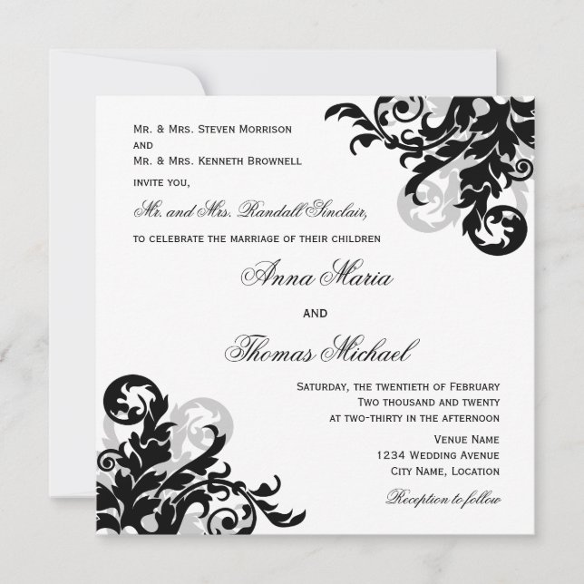 Invitation Noir Argent Flourdissant Individuel Mariage invité (Devant)