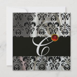 INVITATION NOIR ARGENT TISSU DAMASSÉ MONOGRAMME  ROUGE RUBIS