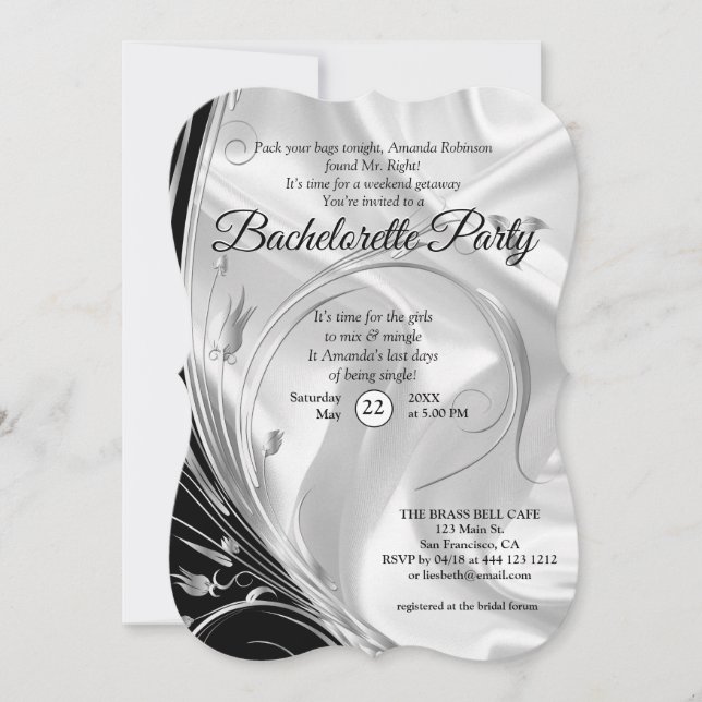 Invitation Noir avec Argent sur Champagne Silise Bachelorette (Devant)