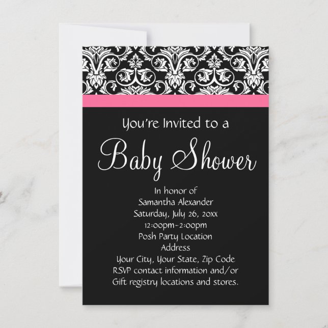 Invitation Noir avec Baby shower Damas rose (Devant)