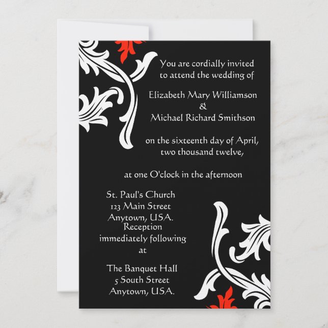 Invitation Noir avec mariage damassé blanc et rouge (Devant)