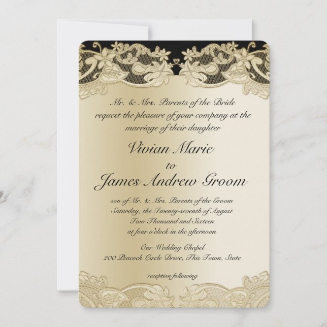Invitation Noir avec Mariage Floral Or (Devant)