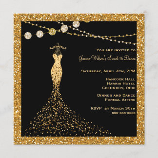 Invitation Noir avec Parties scintillant or Sweet 16