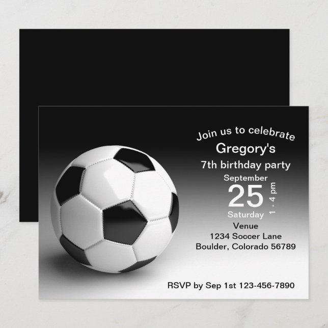 Invitation Noir, Ball de football blanc Football fête d'anniv (Devant / Derrière)
