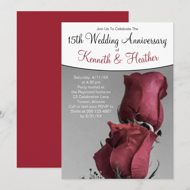 Invitation Noir Blanc 15e Anniversaire de Mariage Roses Rouge (Devant / Derrière)
