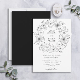 Invitation Noir Blanc Art Floral Mariage Wreath
